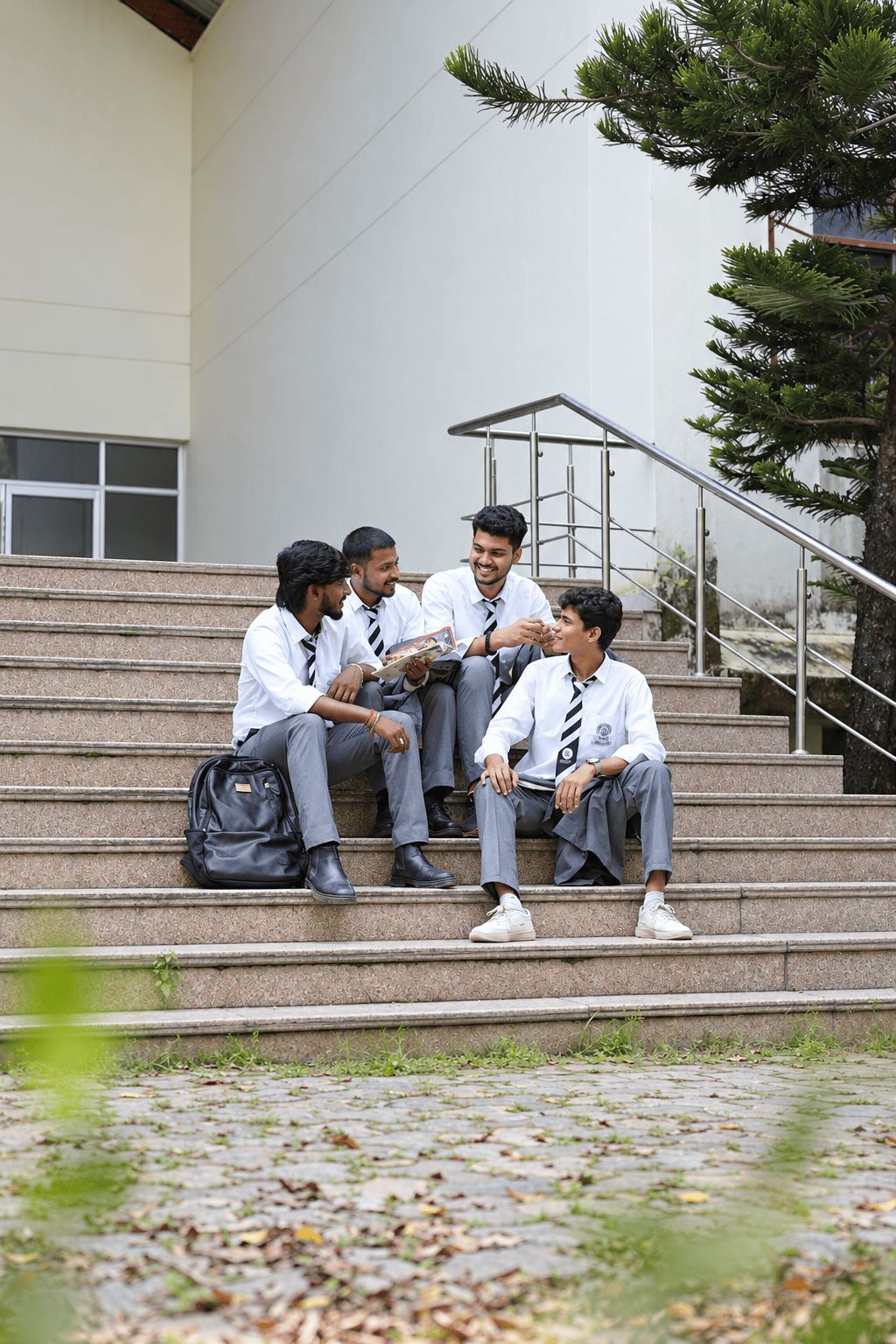 Students on the campus steps